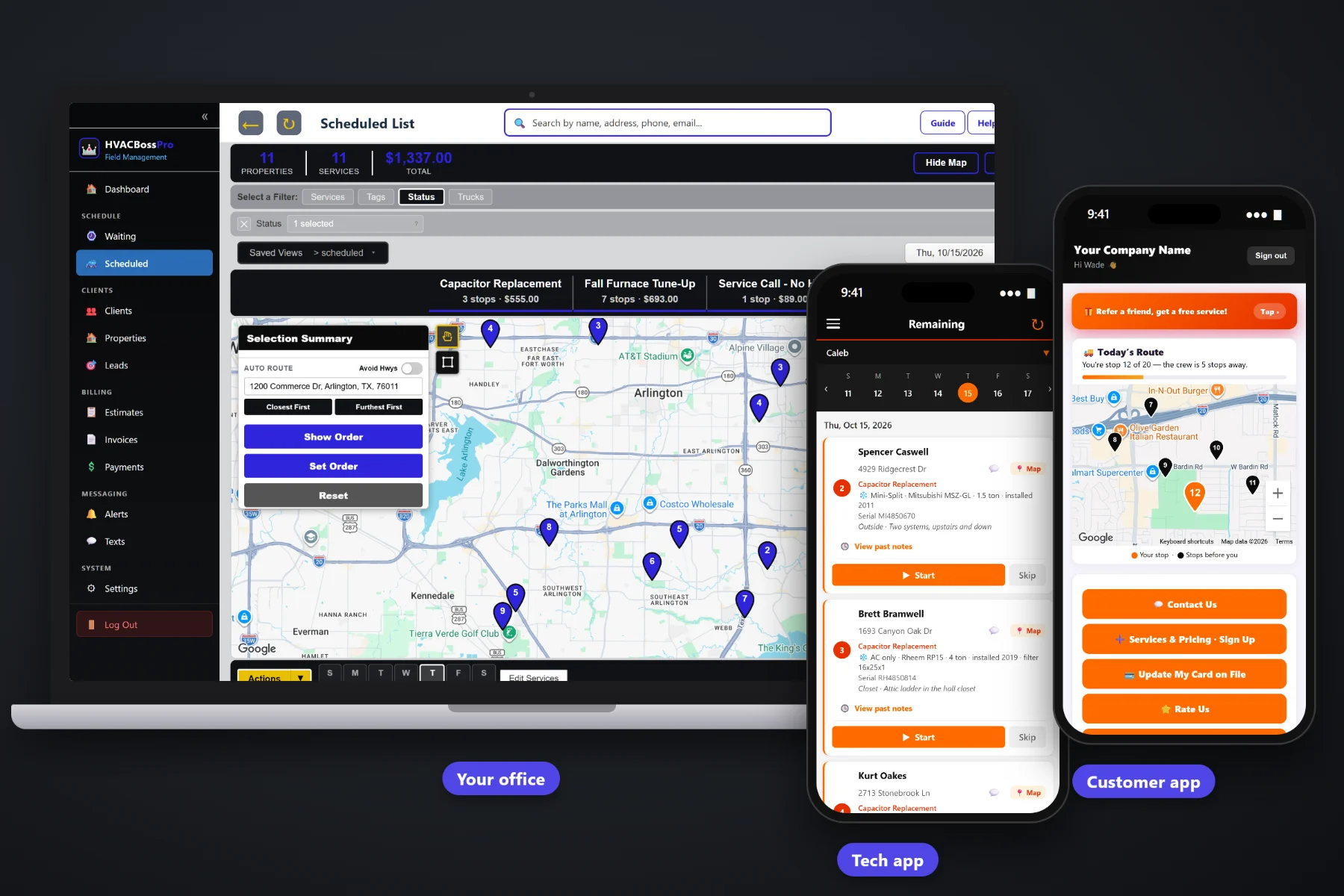 HVACBossPro showing a property manager account with many rental addresses, each with its own HVAC equipment record
